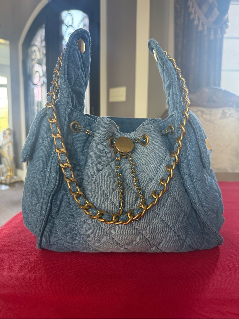 Quilted Denim Drawstring Shoulder Bag with Gold Chain - Blue